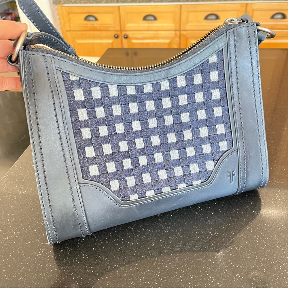 Frye Blue Denim Checkered Crossbody Leather Bag